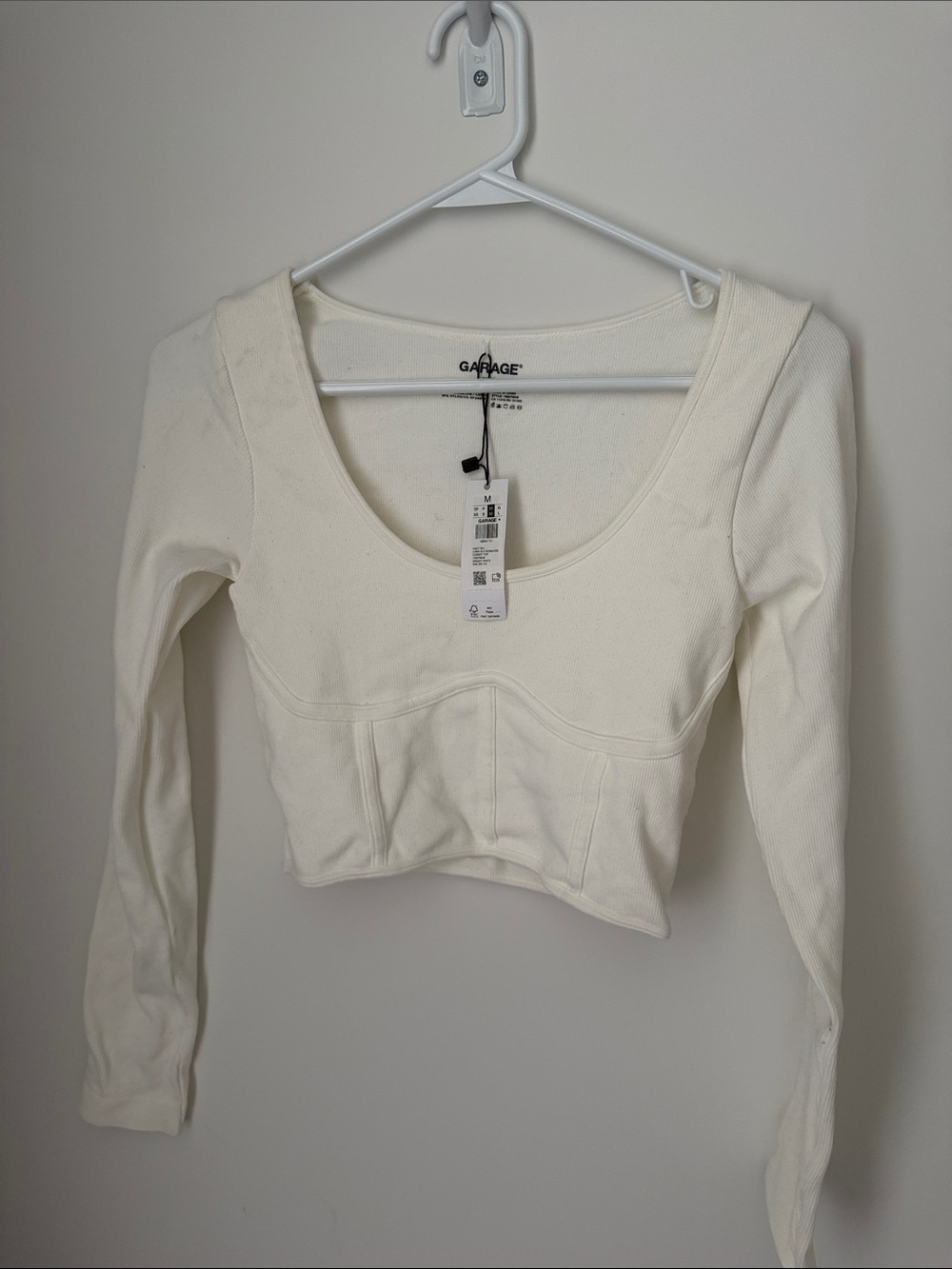 Garage Cream Scoop Neck Long-Sleeve Ribbed Crop Top